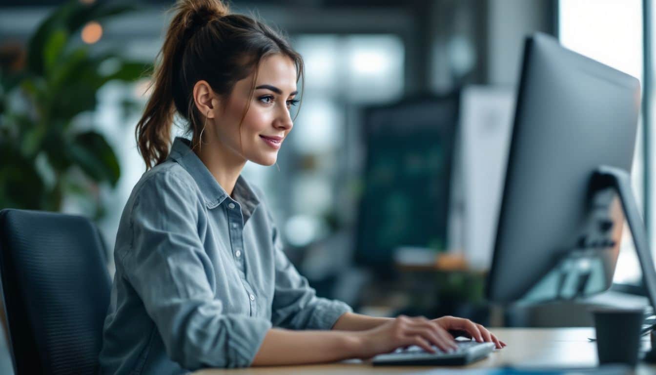 A woman in her mid-30s working at her desk in a typical office setting.