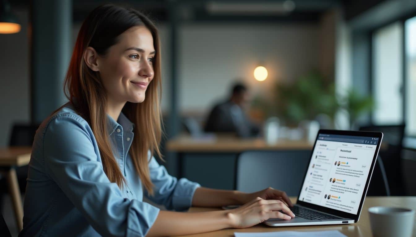 A woman working at a desk with a laptop in a casual office setting.