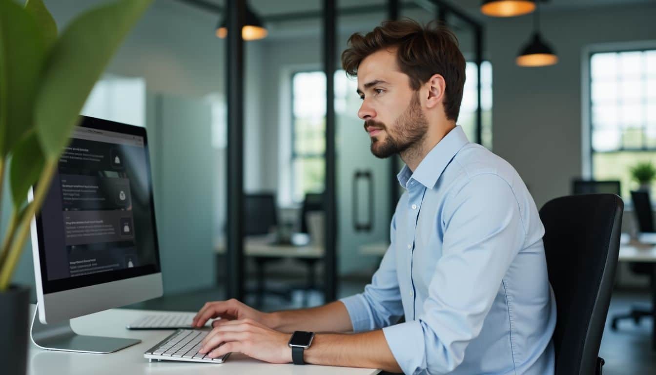 A person working on updating call-to-action buttons in a modern office.