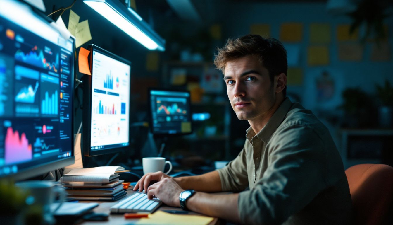A digital marketer sits at a cluttered desk with AI analytics.