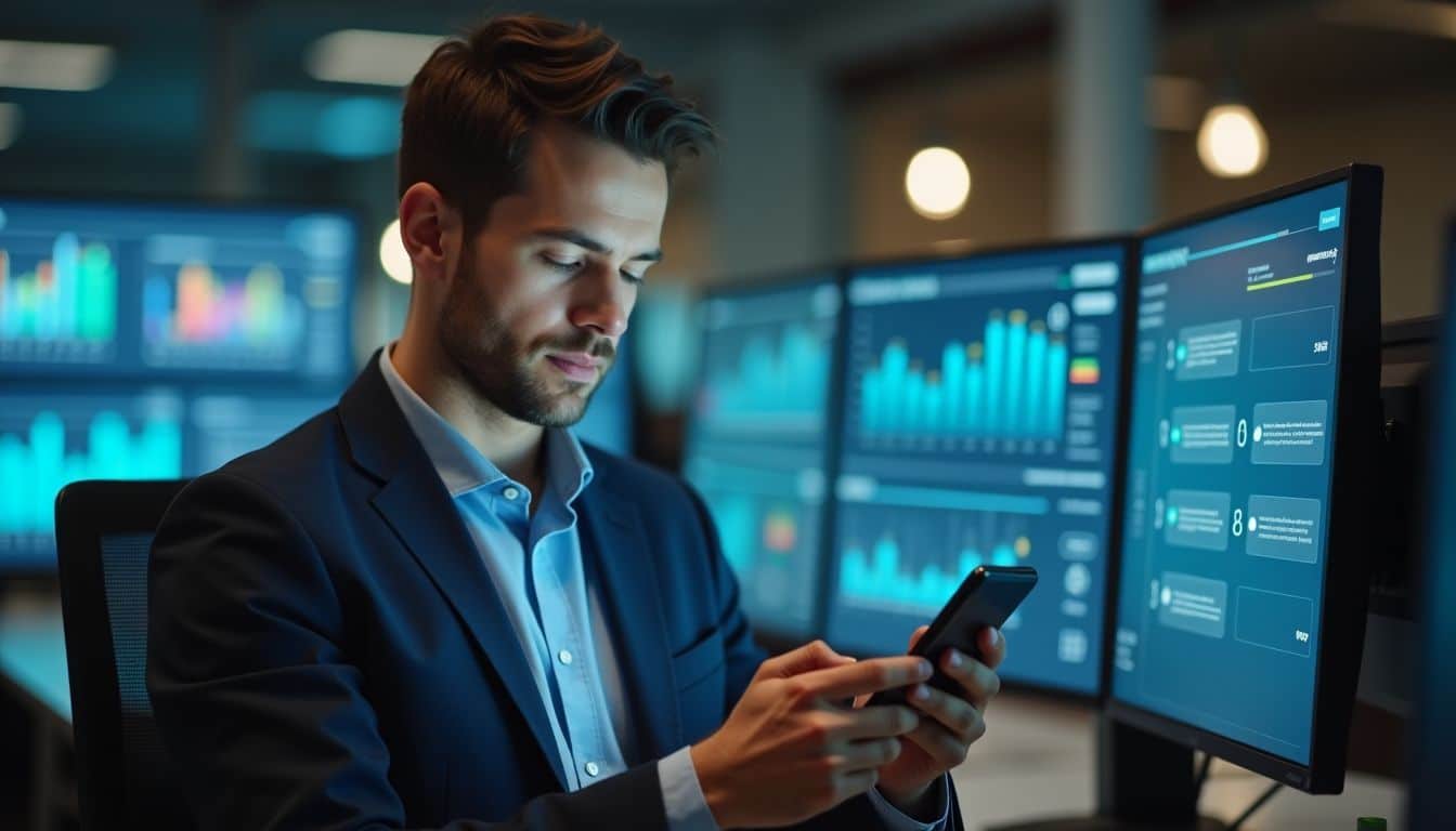 A man in a modern office using a futuristic AI tool.