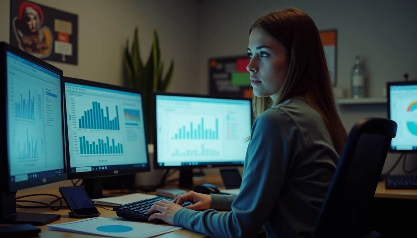 A woman in her 30s analyzing pulse survey data at her desk.