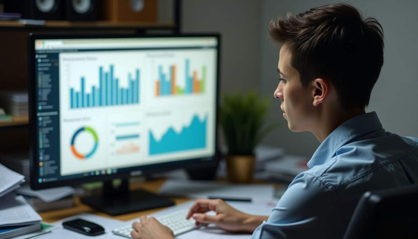 A frustrated person sits at a messy desk, looking at computer graphs.