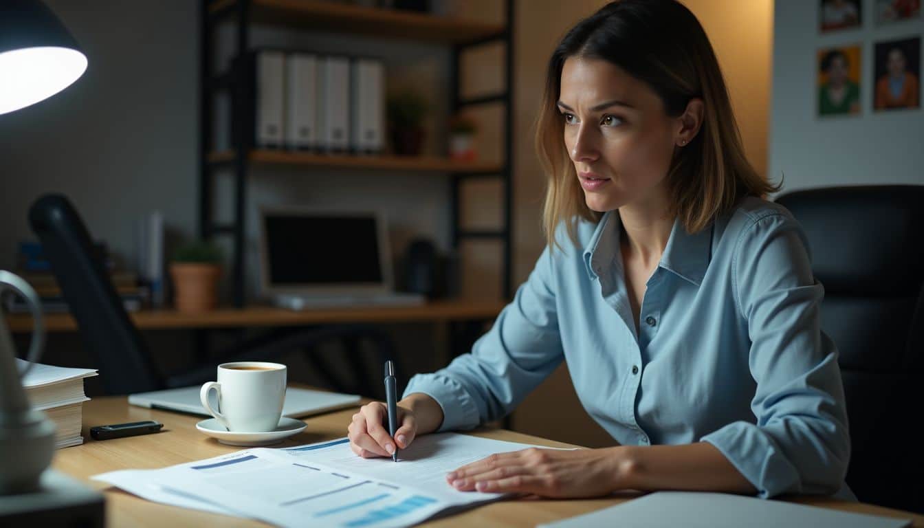 A mid-level manager reviews survey reports at cluttered desk.