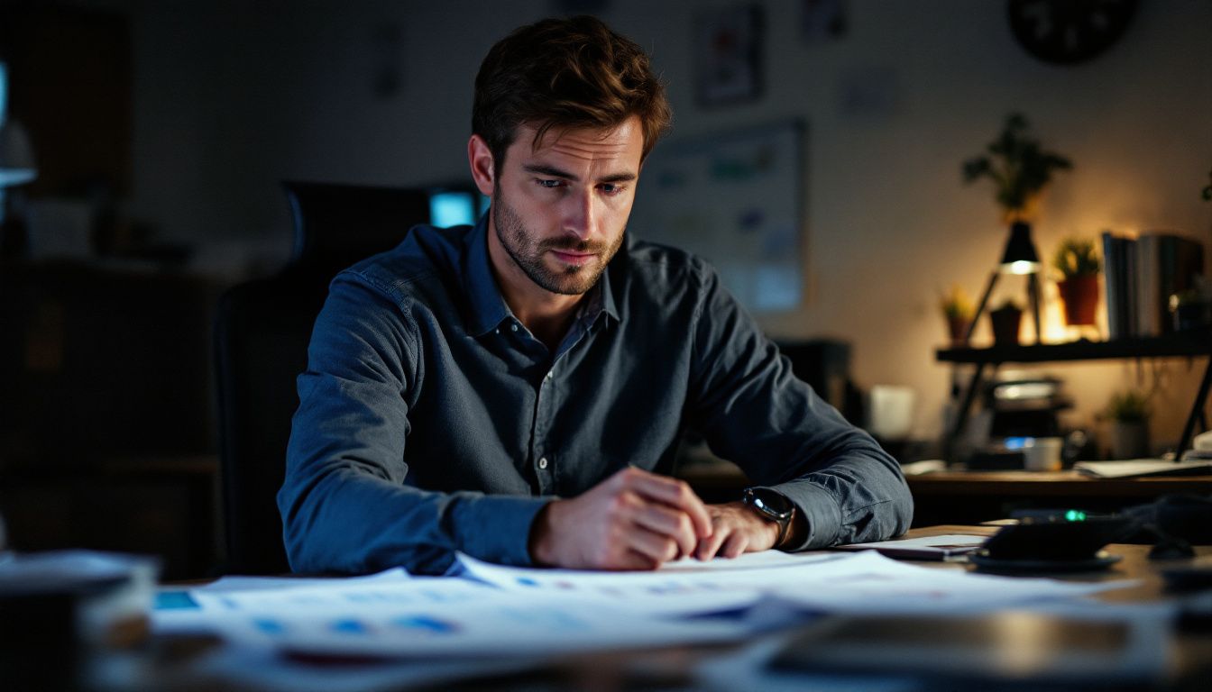A man is reviewing business reports at a cluttered desk.