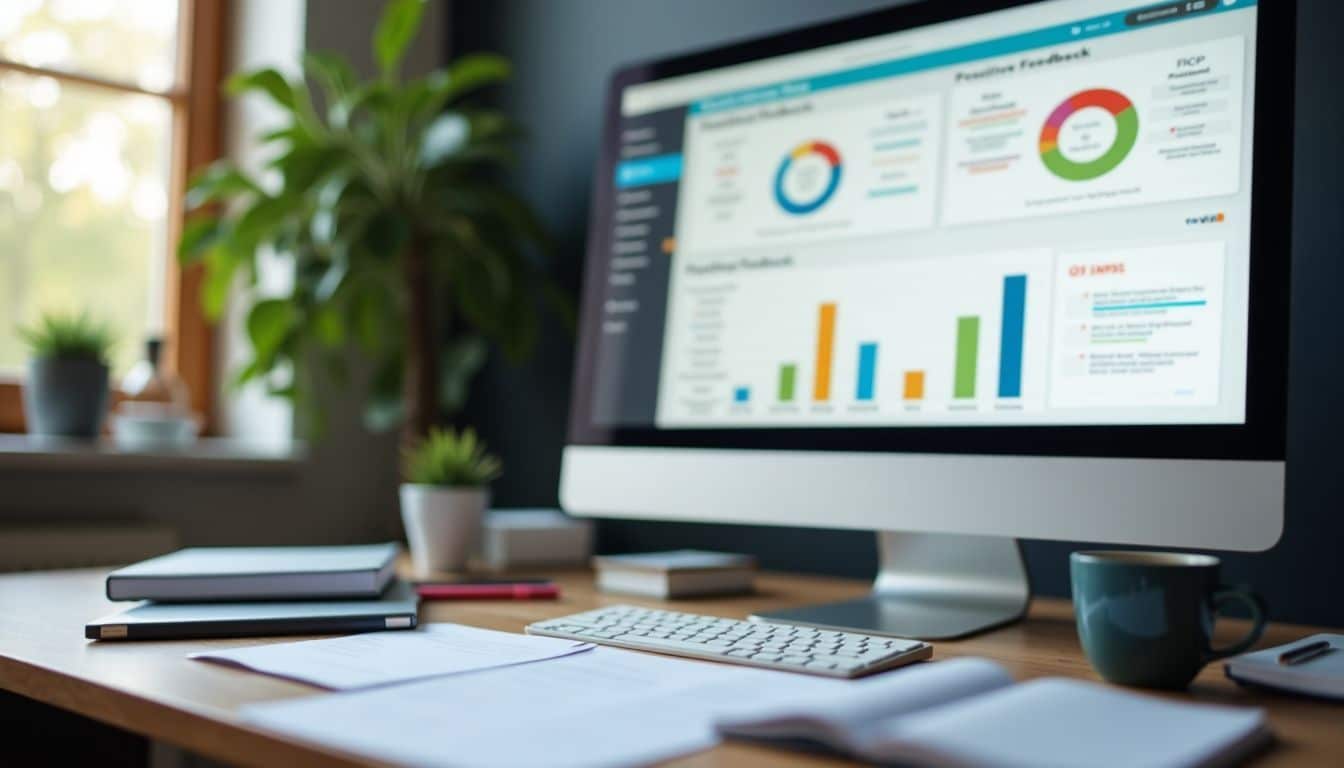 A desk with a computer screen displaying survey templates and office supplies.