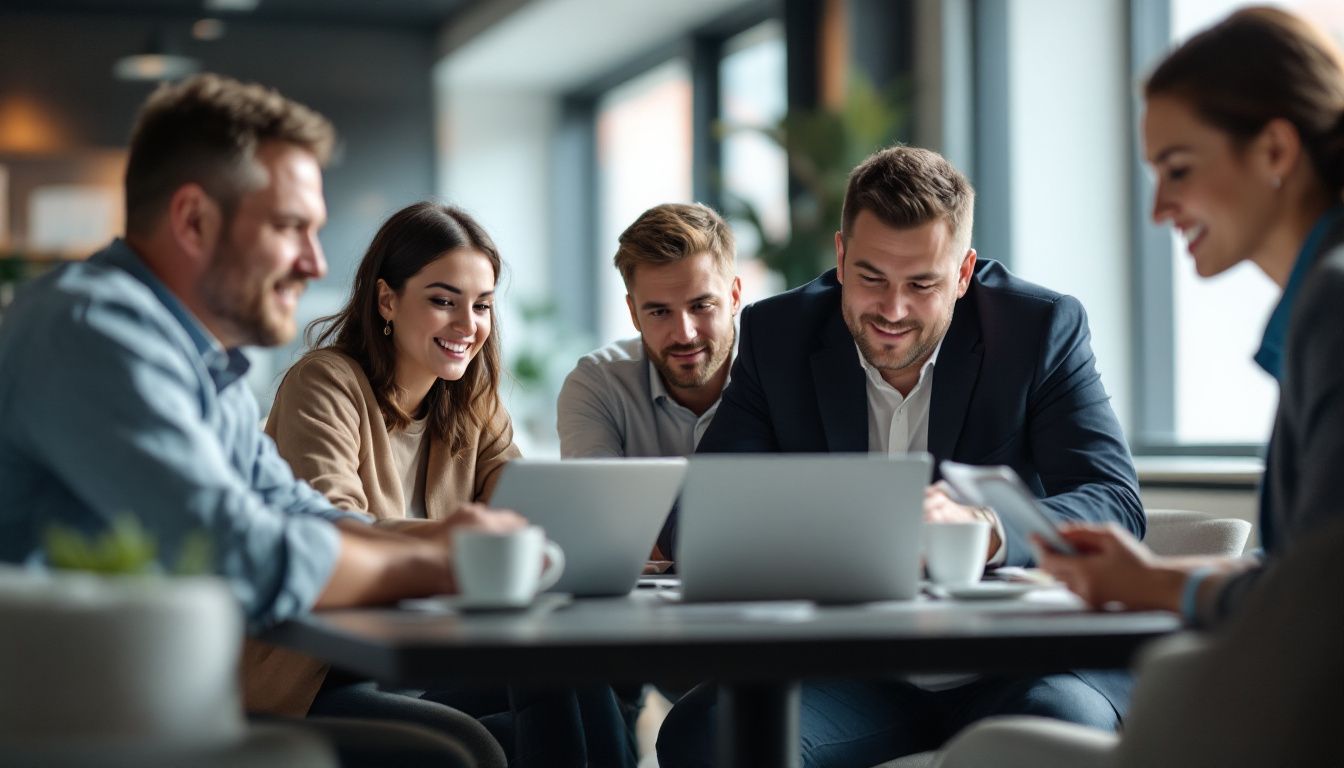 A diverse business team collaborates in a modern office setting.