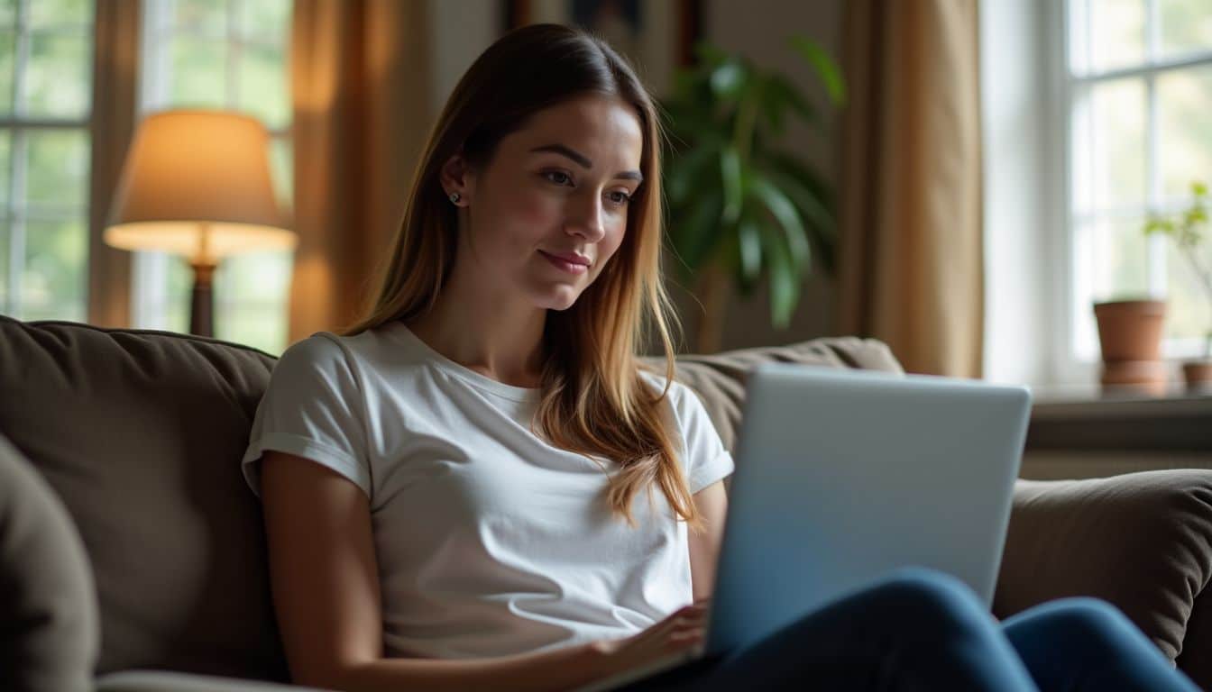 A woman reading a customer testimonial on her laptop in a cozy living room.