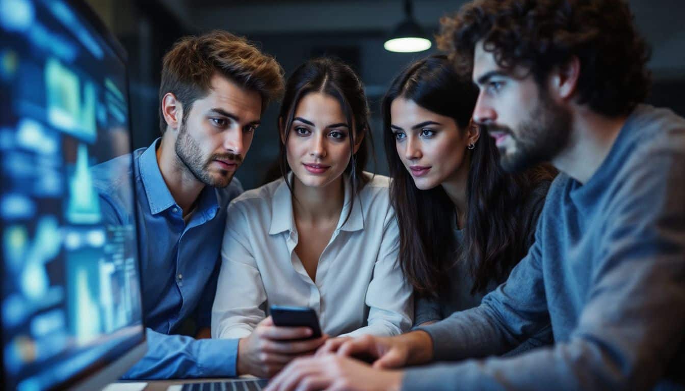 A group of professionals in their mid-30s working together in a modern office.