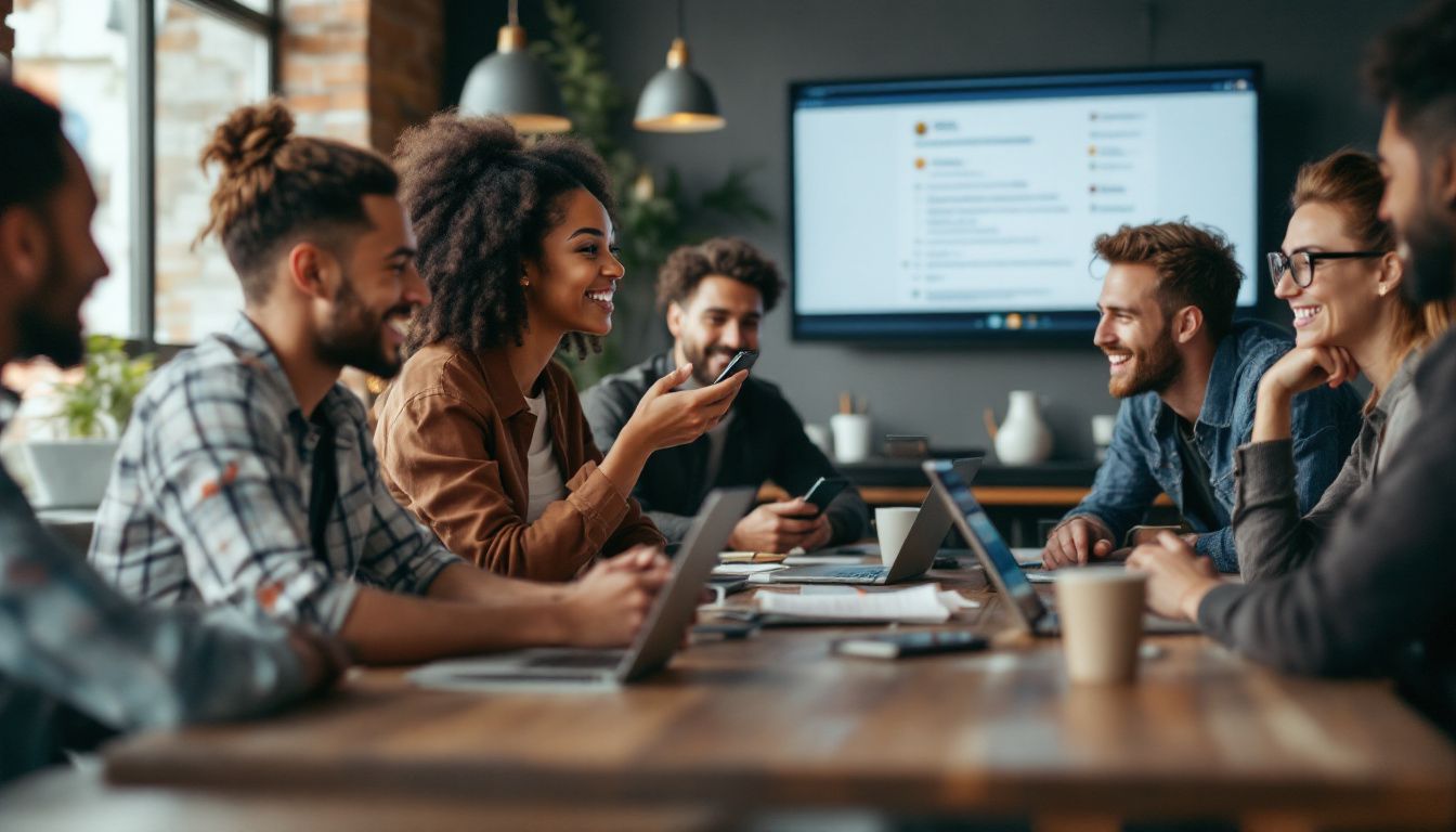 A group of young professionals collaborating and sharing positive online reviews.