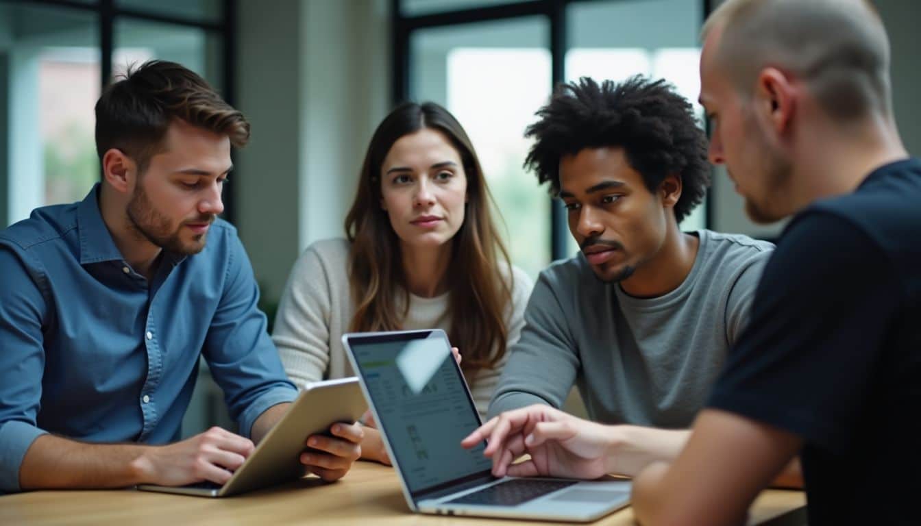 A diverse group of young professionals collaborates on survey data in a modern office.
