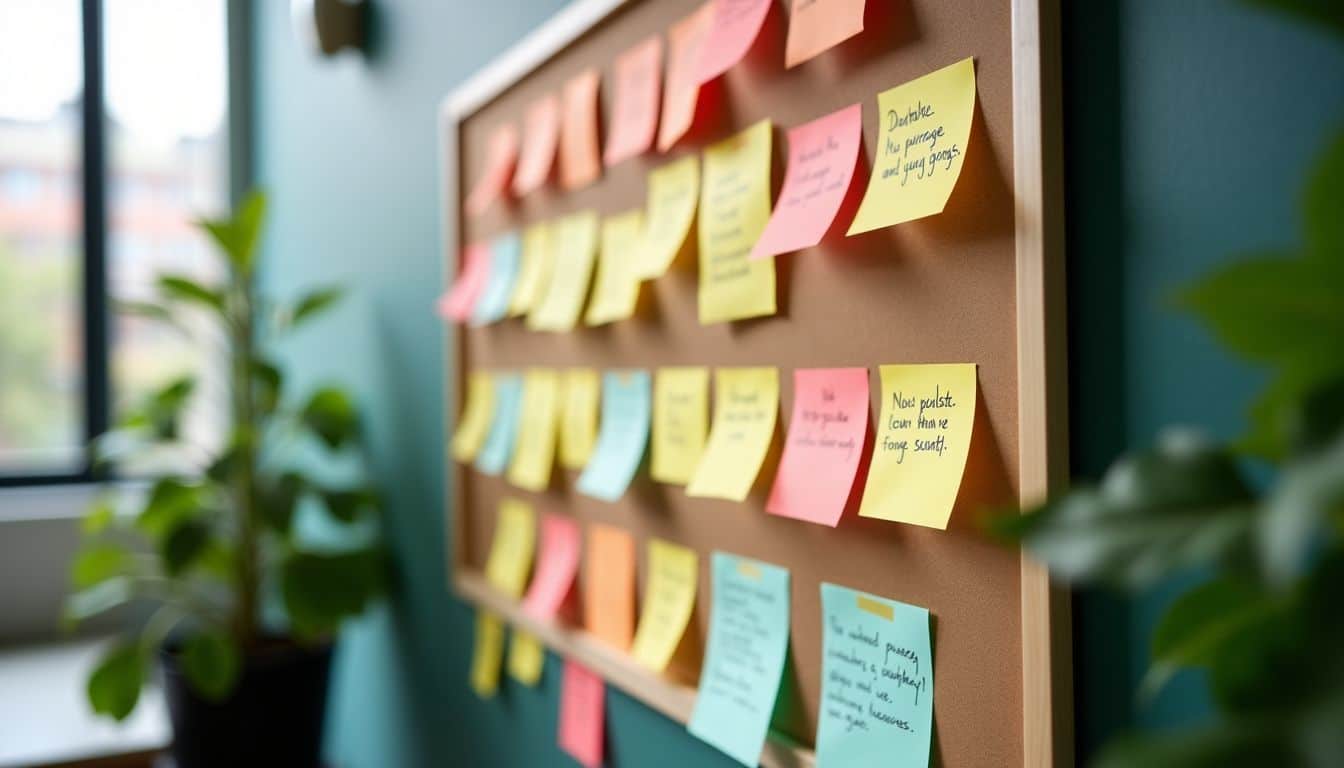 An office bulletin board with post-it notes showing action items.