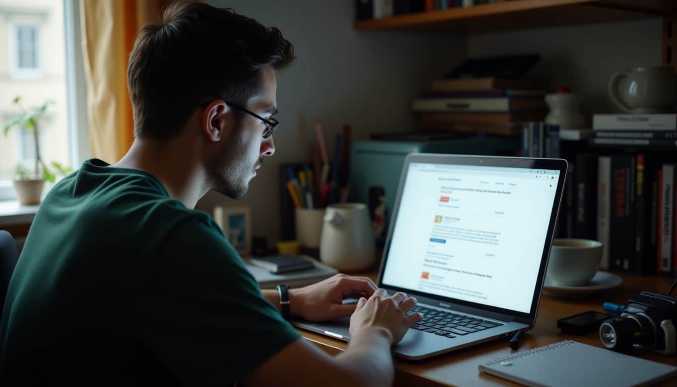A person managing negative reviews on a cluttered home office desk.