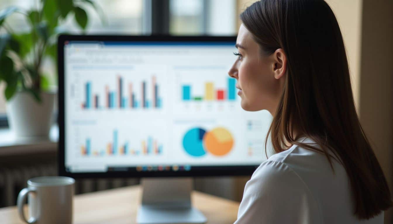 A woman in her 30s reviews customer survey results at her desk.
