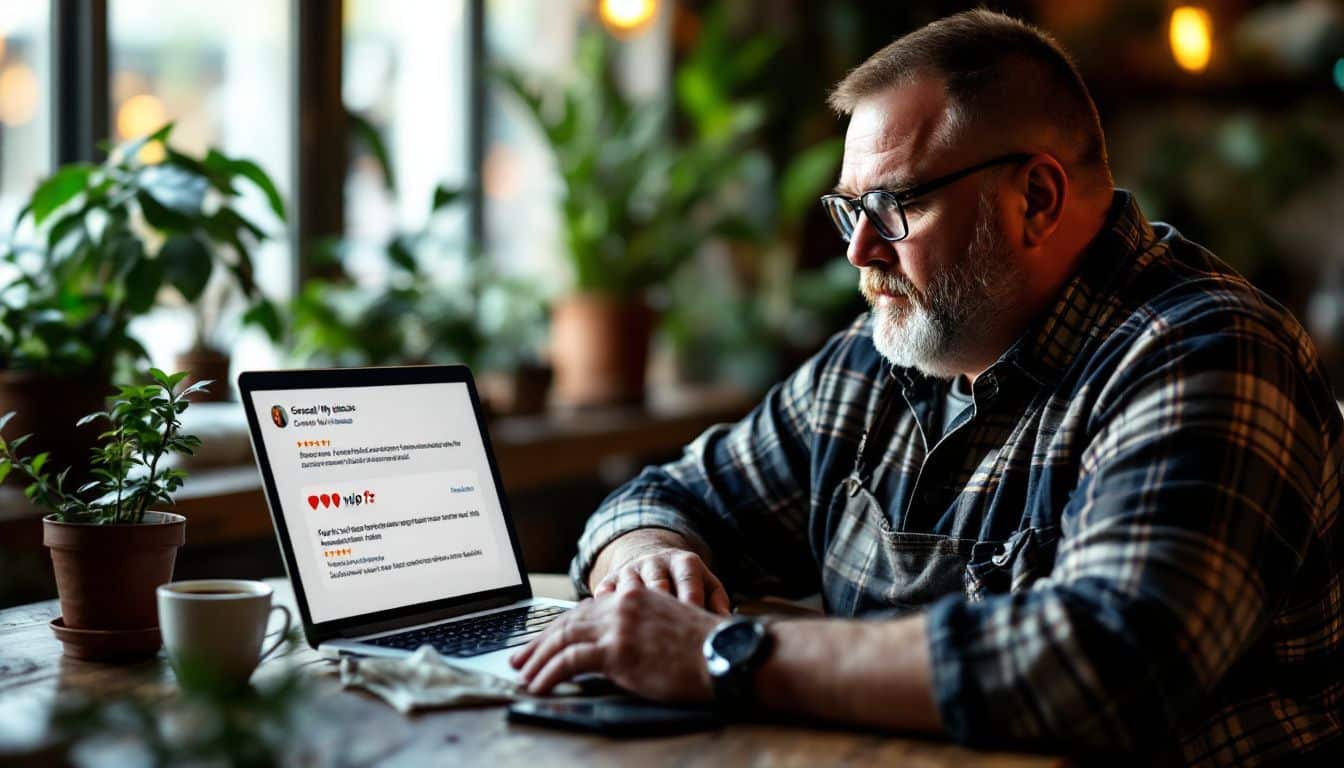 A coffee shop owner reads positive reviews on laptop in cozy cafe.