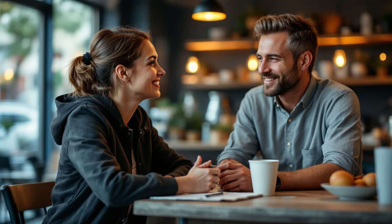 A woman and a man having a friendly conversation at a cafe.
