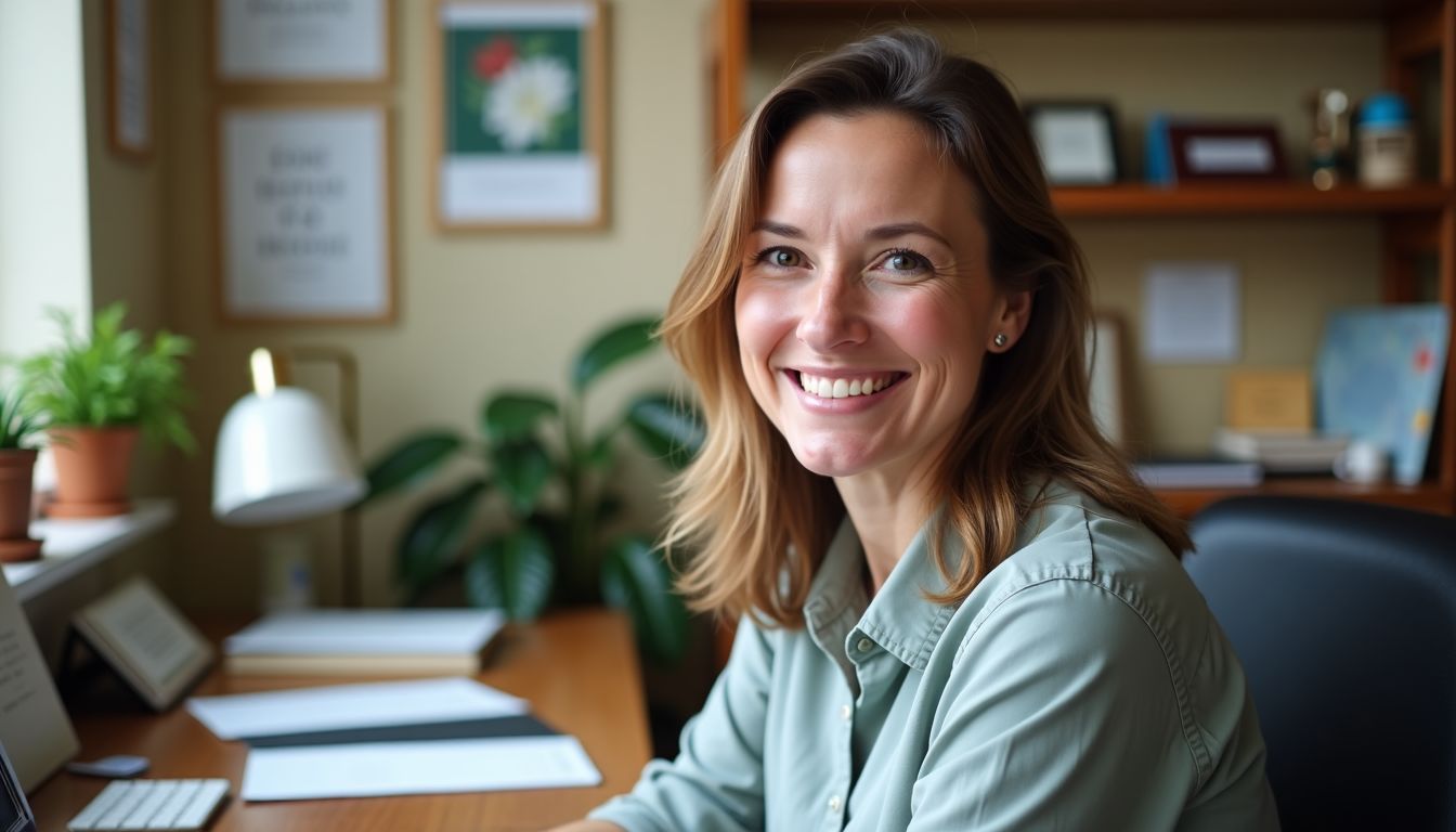 A woman sitting at a desk filled with customer appreciation notes.