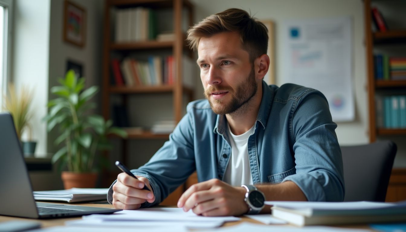 A man discusses genuine customer experiences in brand development at a messy desk.