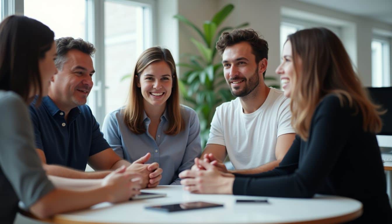 Four retail professionals discussing AI-driven NPS strategies in office setting.