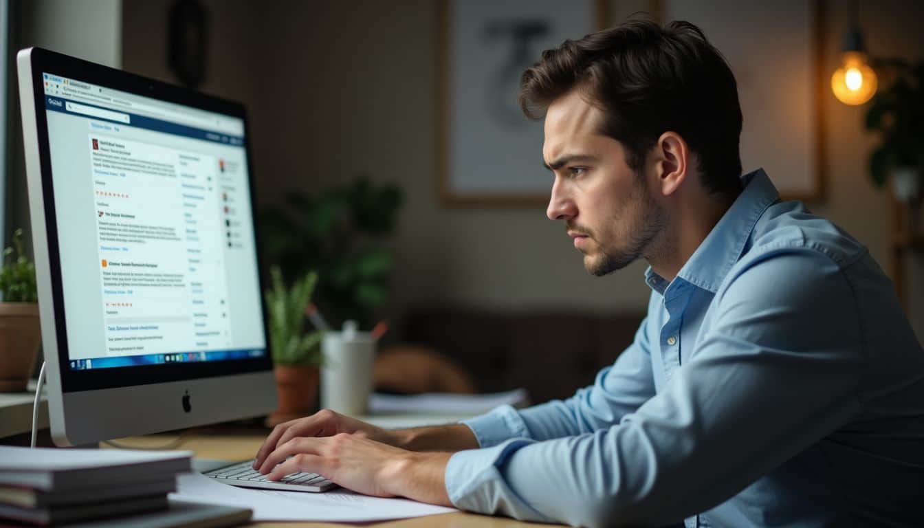 A frustrated business owner dealing with fake reviews and desk clutter.