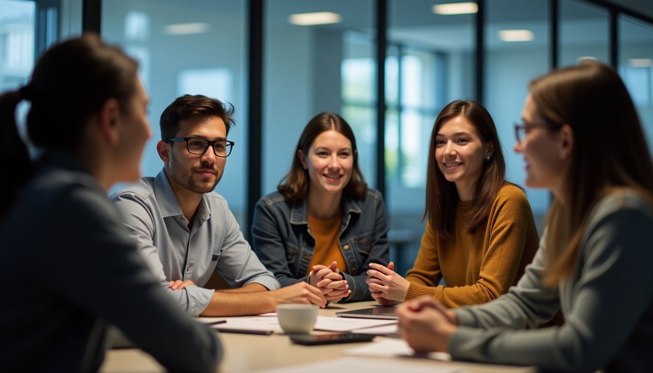 A diverse team discusses data privacy and AI bias in NPS analysis.