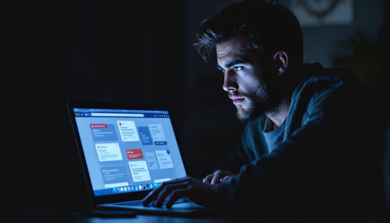 A person sitting at a desk with a laptop, looking concerned.