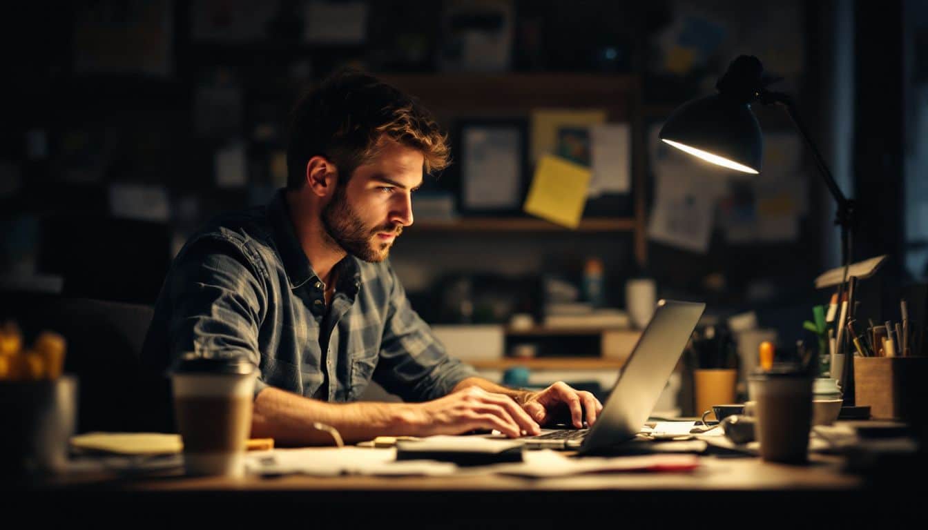 A man in his mid-30s working at a cluttered home office desk.