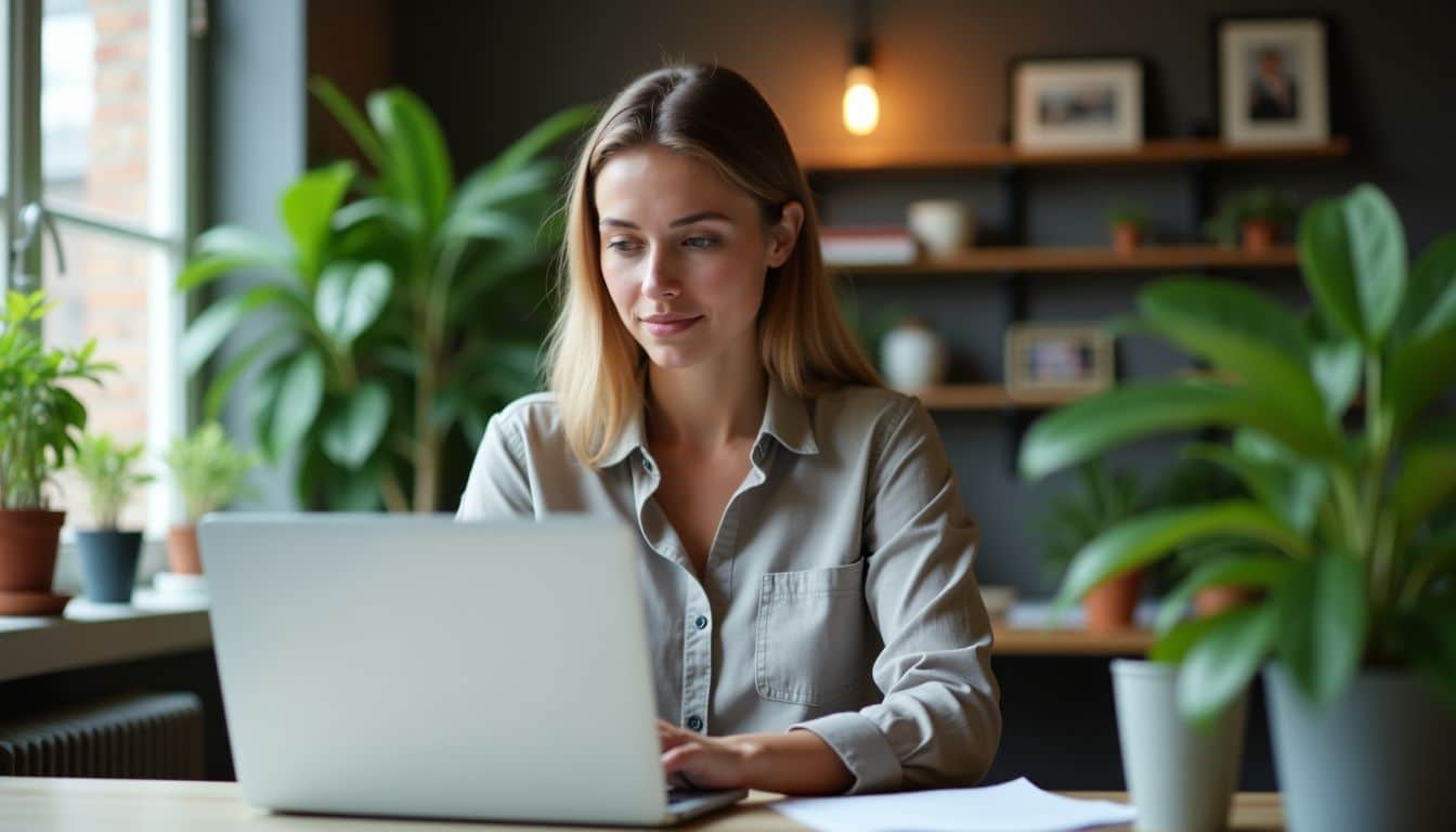 A woman compares survey tools in her cozy home office.