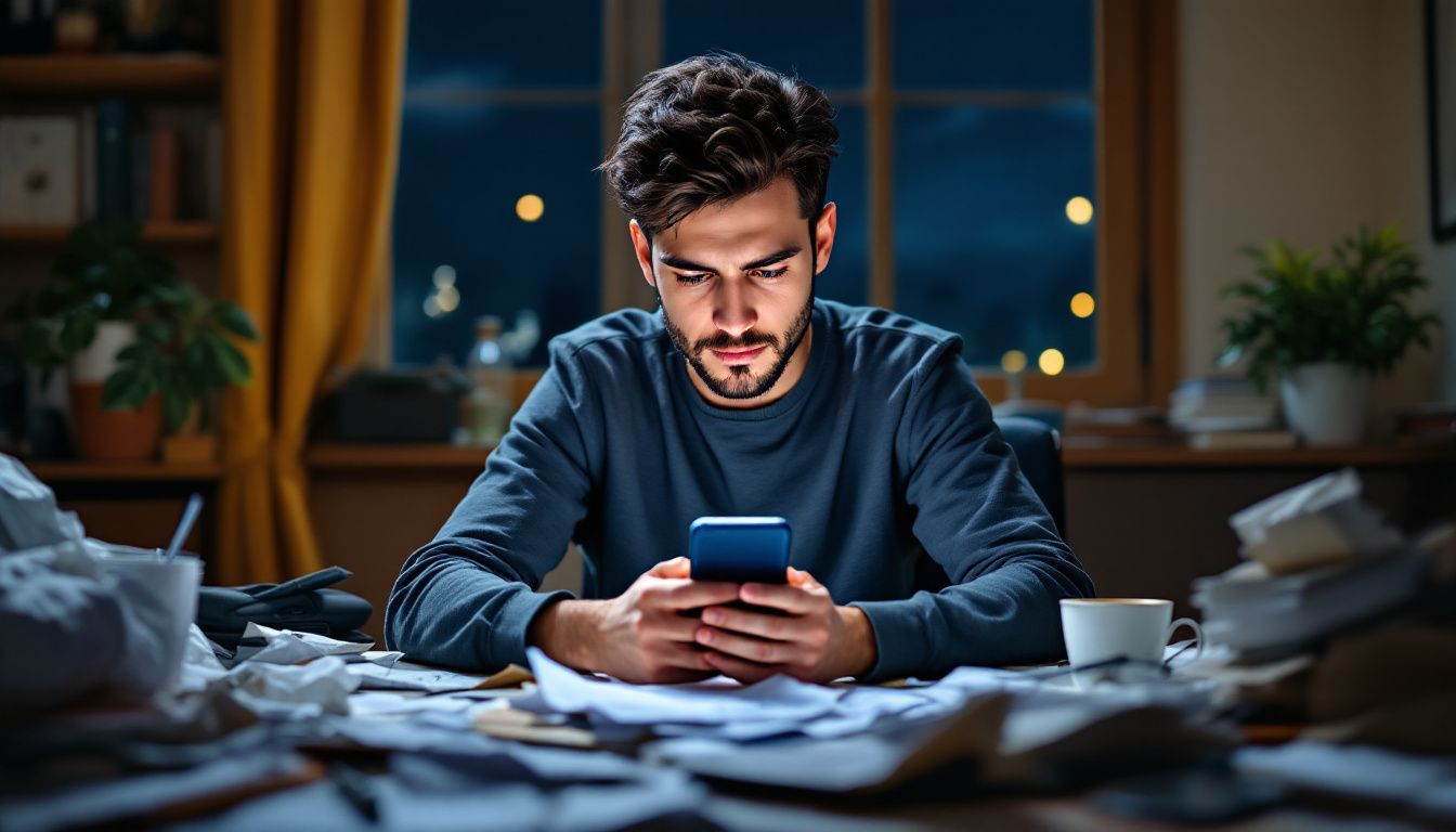 A person in their twenties anxiously checks phone for feedback.