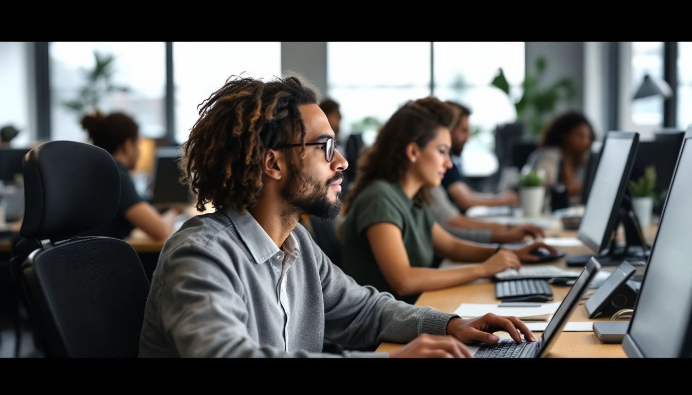 Employees in a casual office working on pulse surveys at their desks.