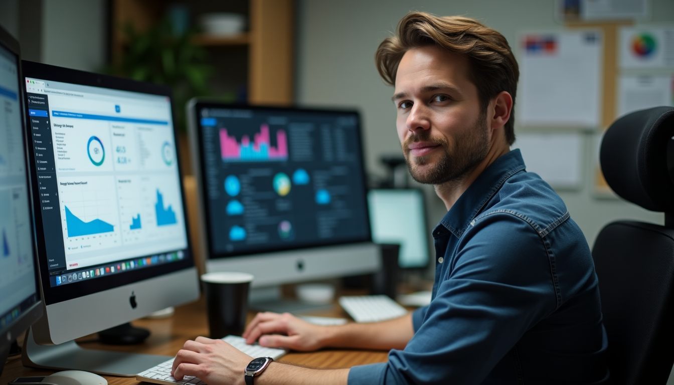 A man in his mid-30s working at a cluttered desk in an office setting.