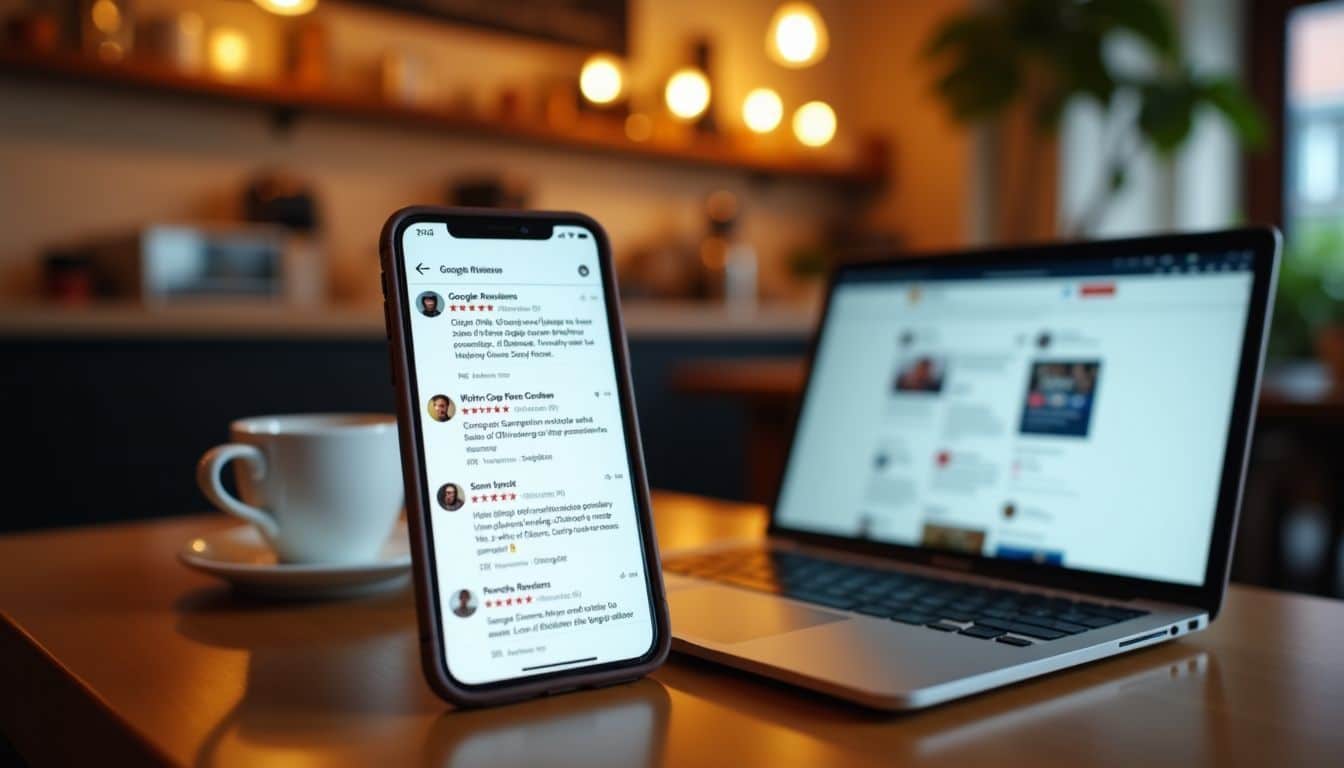 A cozy coffee shop with positive Google reviews displayed on a laptop.