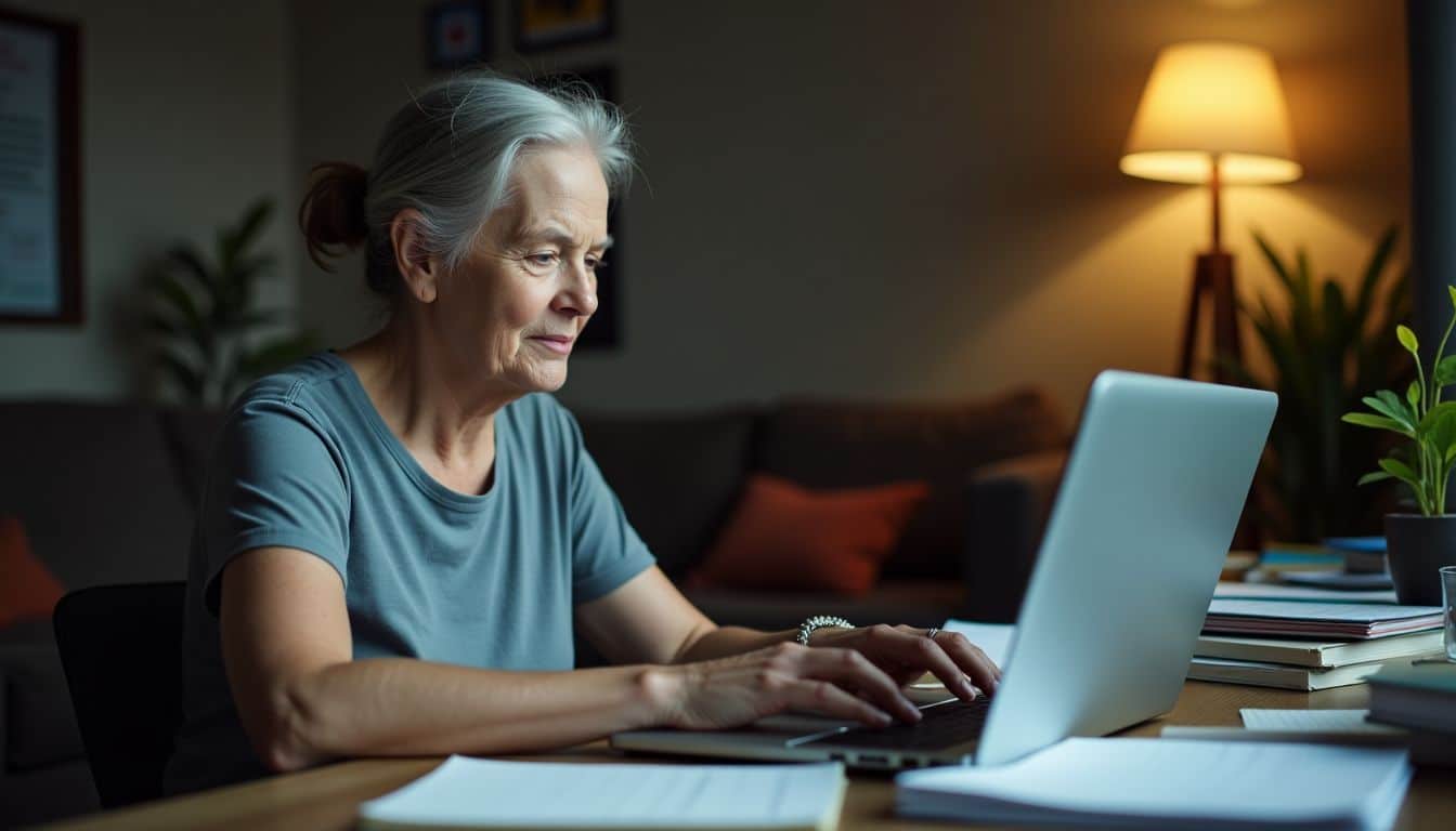 Elderly woman checking online reviews to improve small business satisfaction.