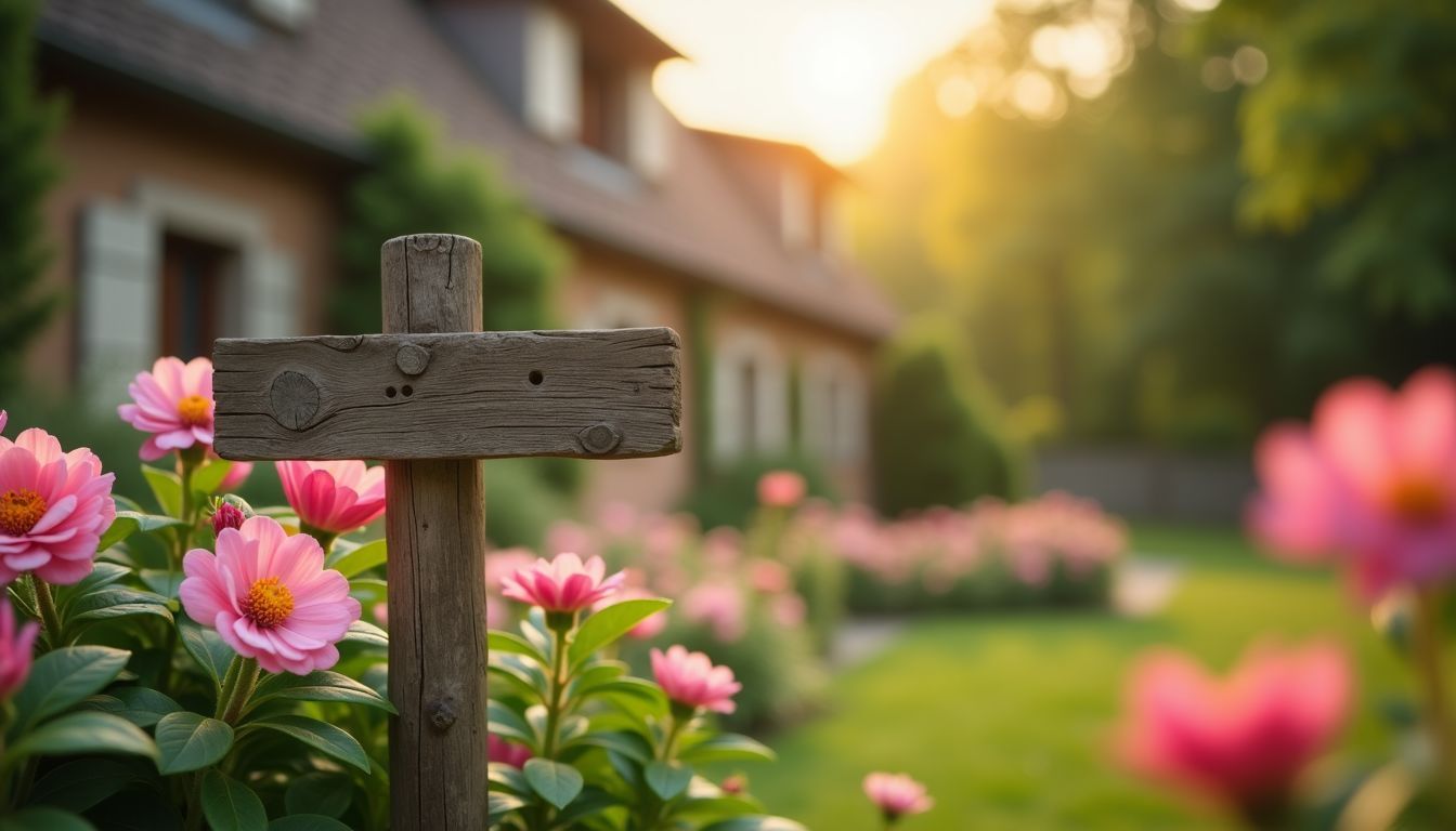 A rustic wooden signpost in a blooming garden.