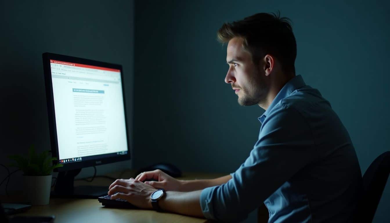 A man in his 30s looks concerned while examining a scam website.