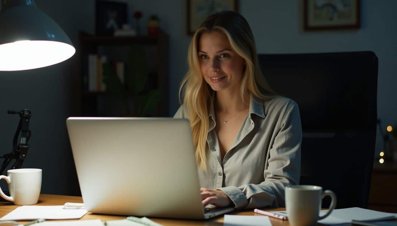 A woman in her 30s is working on her cluttered desk.