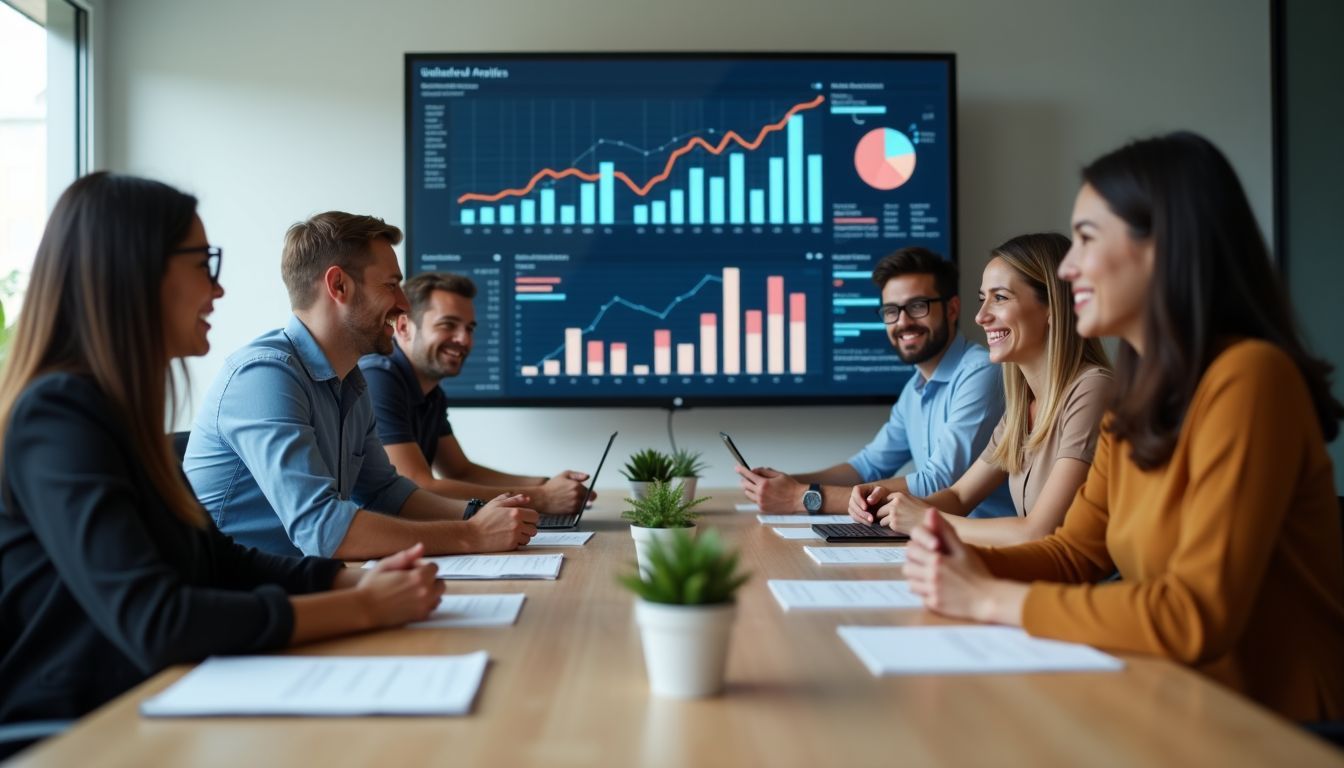 A diverse group of professionals discussing work around a conference table.