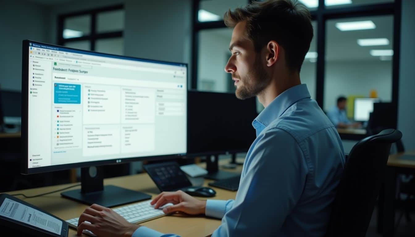 An IT service desk manager reviewing feedback surveys in their office.