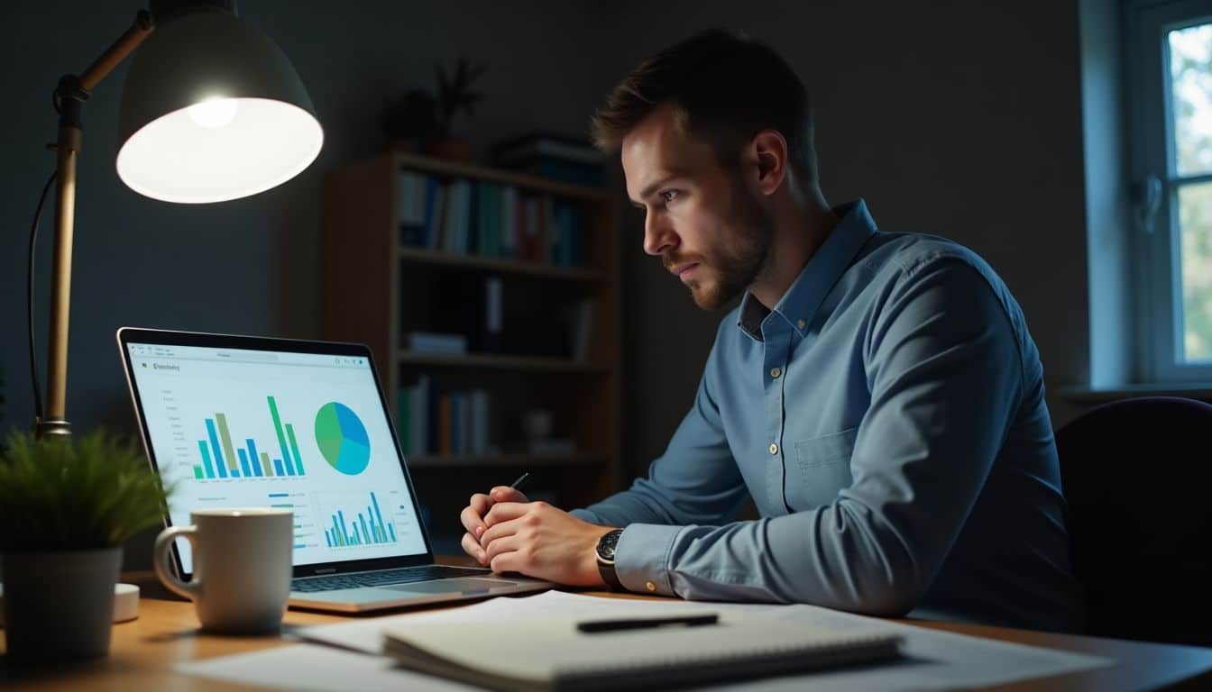 A man working on data charts in a home office.