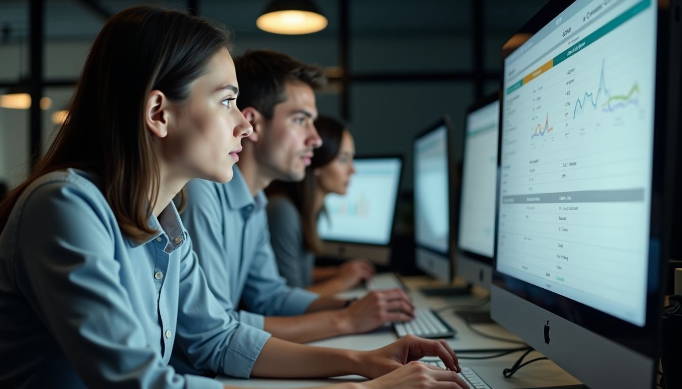 Professionals analyzing NPS data in a casual office setting.