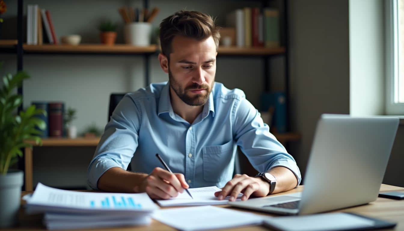 A man at a cluttered desk analyzing data to choose lead generation agency.