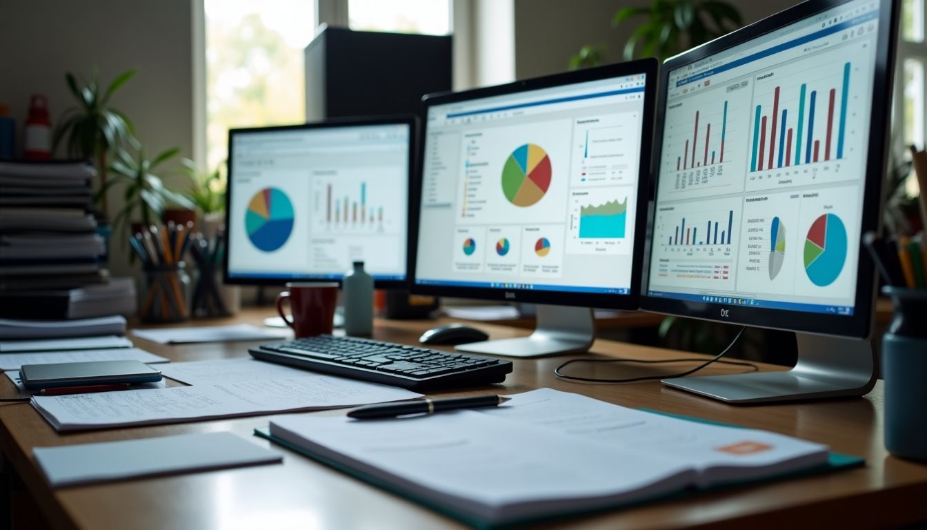 A cluttered desk with multiple computer screens displaying survey data analysis.