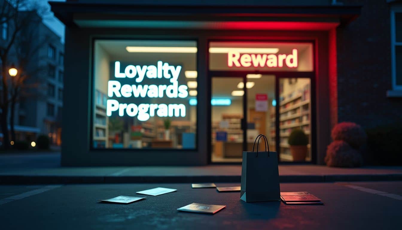 A deserted storefront with a loyalty rewards program and scattered cards.