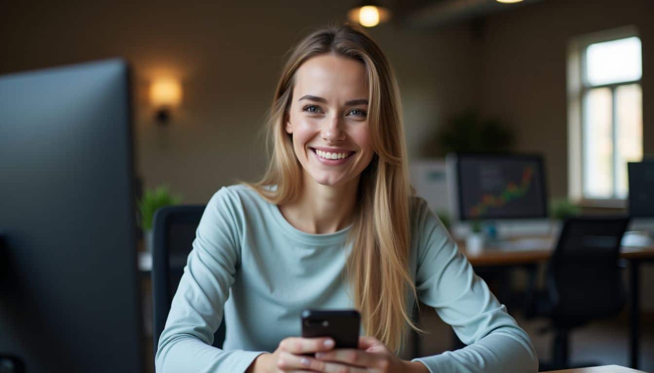 A woman in her mid-30s completing a pulse survey at her office desk.