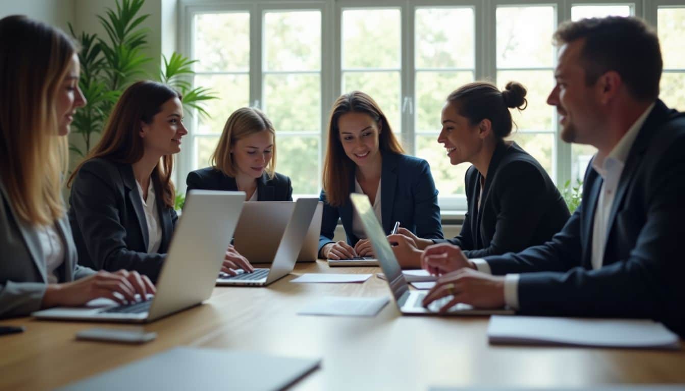 A group of business professionals discussing lead scoring and conversion metrics.