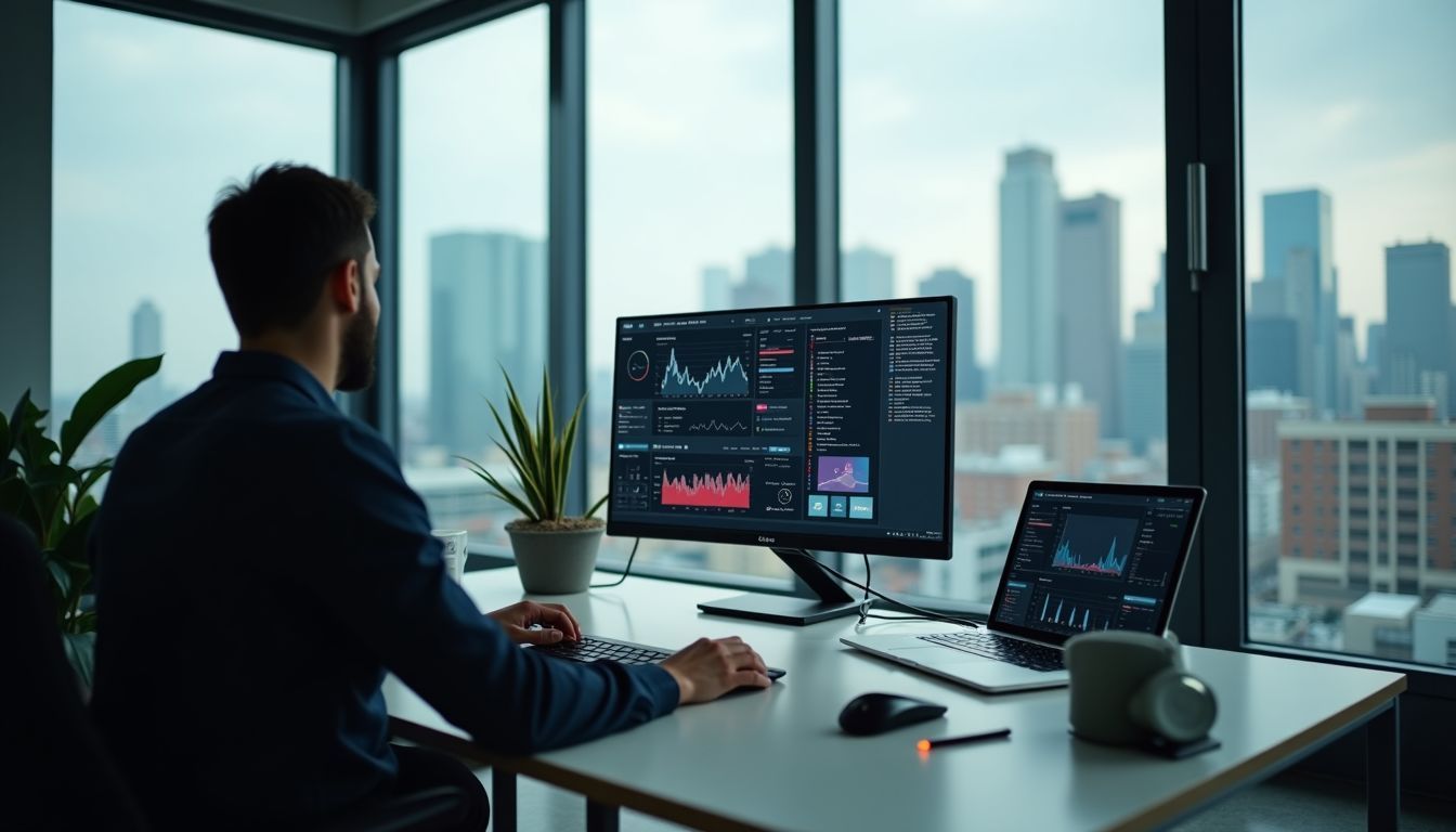 A busy office desk with digital marketing tools and AI software interfaces.