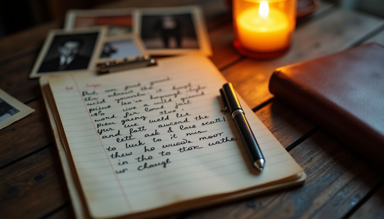 A heartfelt letter surrounded by old photos and a journal.