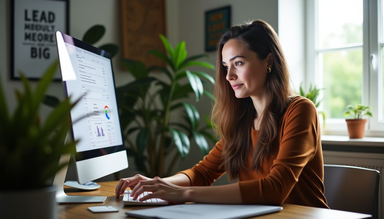 A focused woman analyzing lead conversion data in a cozy home office.