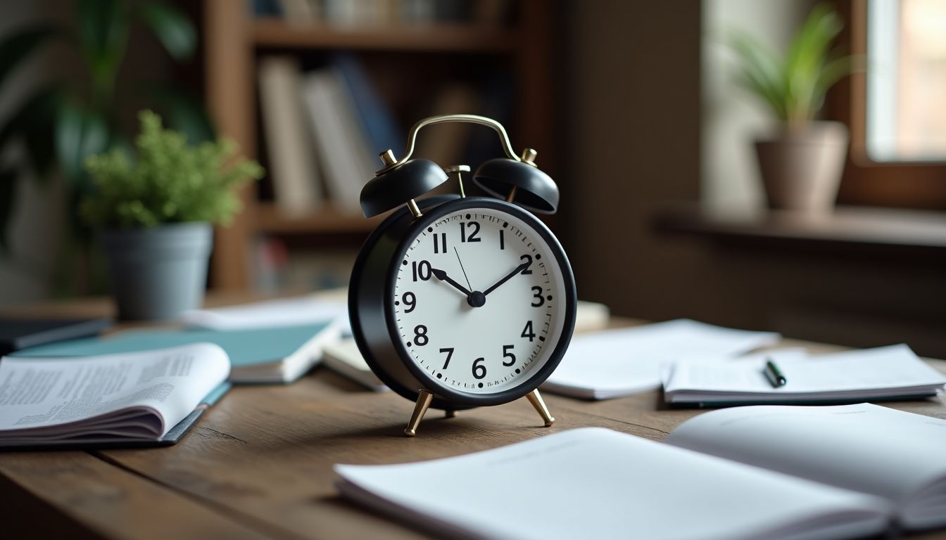A ticking clock on a cluttered desk in a study room.