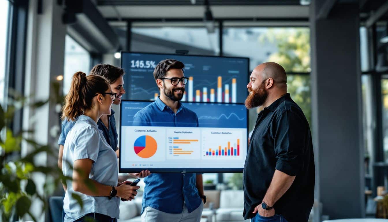 A team of professionals analyze customer satisfaction metrics in a modern office.